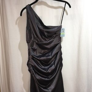 SUZI CHIN one shoulder ruched dress Sz 4 gray satin New
